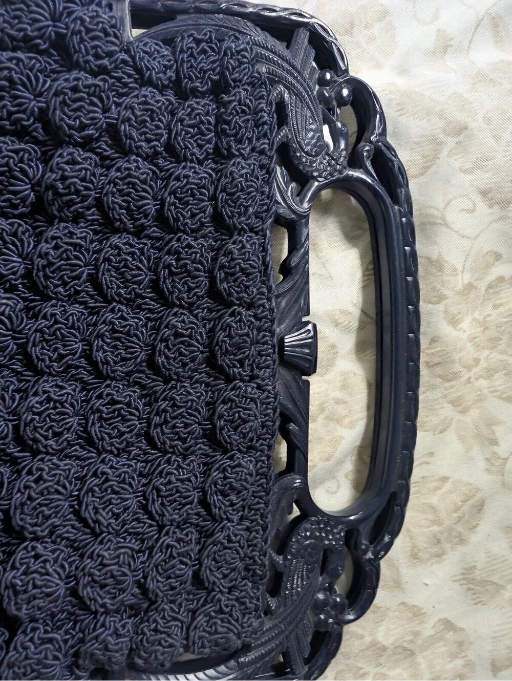 Vintage navy blue Knitted Handbag with Decorative Frame Handle